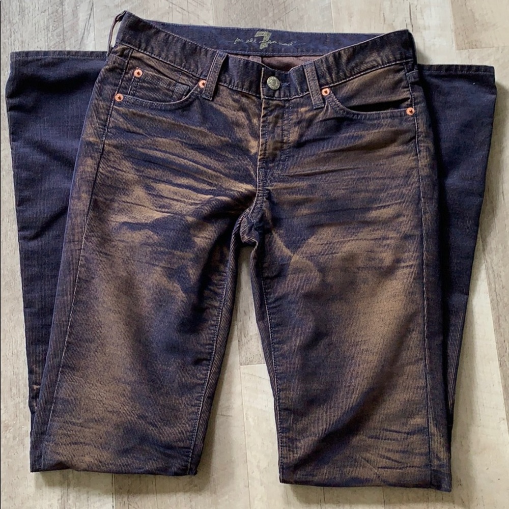 7 For All Mankind Boot Cut Jeans in Distressed Dark Blue and Brown Wash
